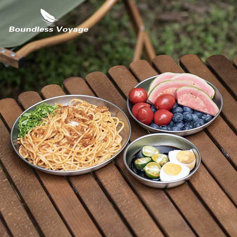 Boundless Voyage – Ensemble de 3 assiettes et bols de camping en titane ultraléger avec sac en filet – Vaisselle et