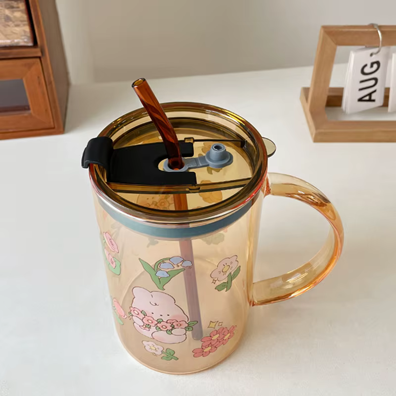 Tasse en verre avec couvercle en paille en forme de lapin mignon, Kawaii, pour café, lait, bière, vin, verres à boire, tasse pour eau et jus coréens, cadeau