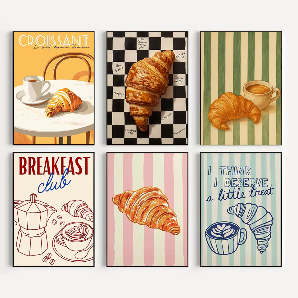 Style rétro Croissant & café petit déjeuner français cuisine nourriture affiche toile peinture mur Art photos maison