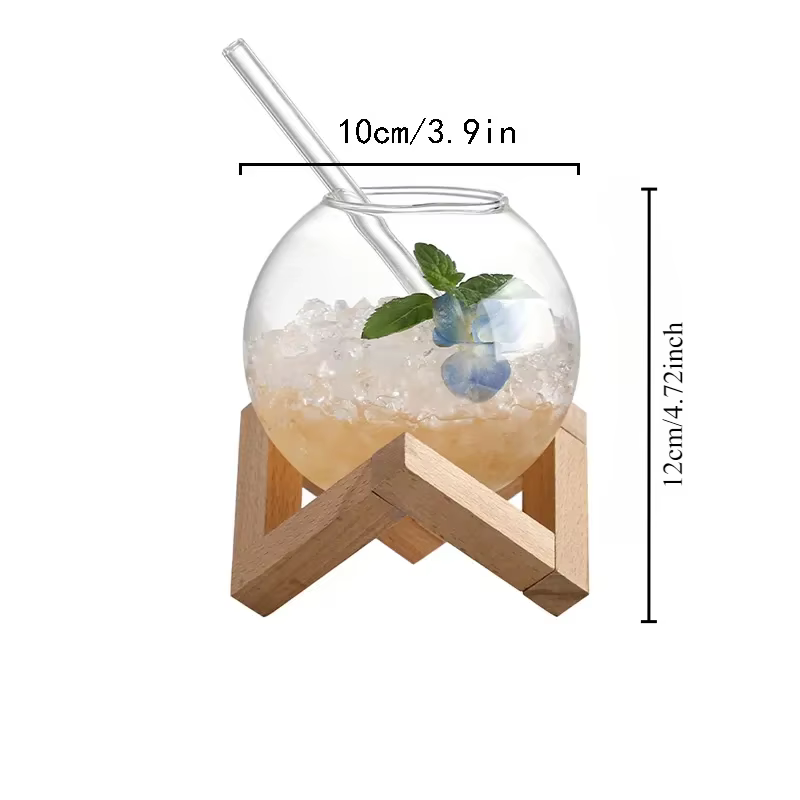 Tasse en verre de forme ronde lunaire créative avec support en bois