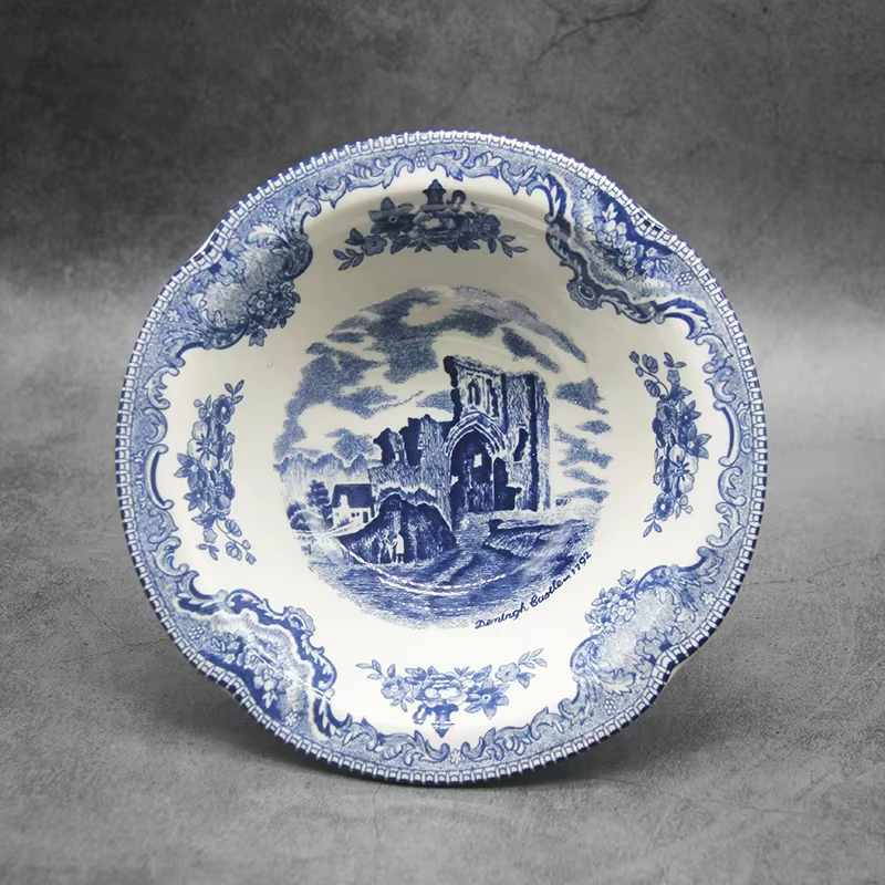 Queset de châteaux de Grande-Bretagne bleus, style européen, QueWare, assiette de petit déjeuner en céramique, plats de boeuf, plat à dessert, bol à soupe