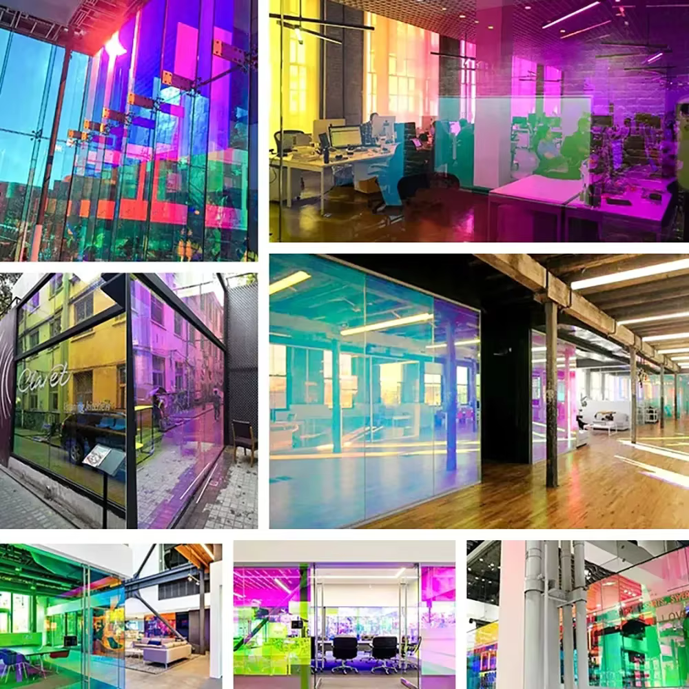 Teinte de fenêtre en verre de bâtiment dichroïque caméléon, Film décoratif coloré découpé UV pour centre commercial et bureau, vitrail auto-adhésif