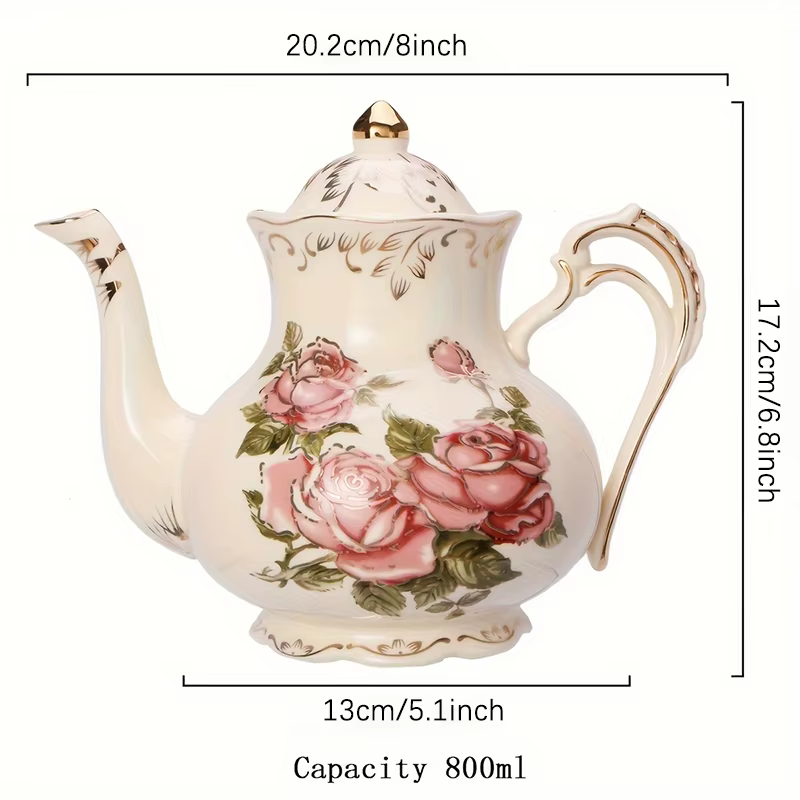 Théière en céramique rose / Tasse et soucoupe - Cafetière à bordure dorée - Cadeau élégant pour le thé de l'après-midi