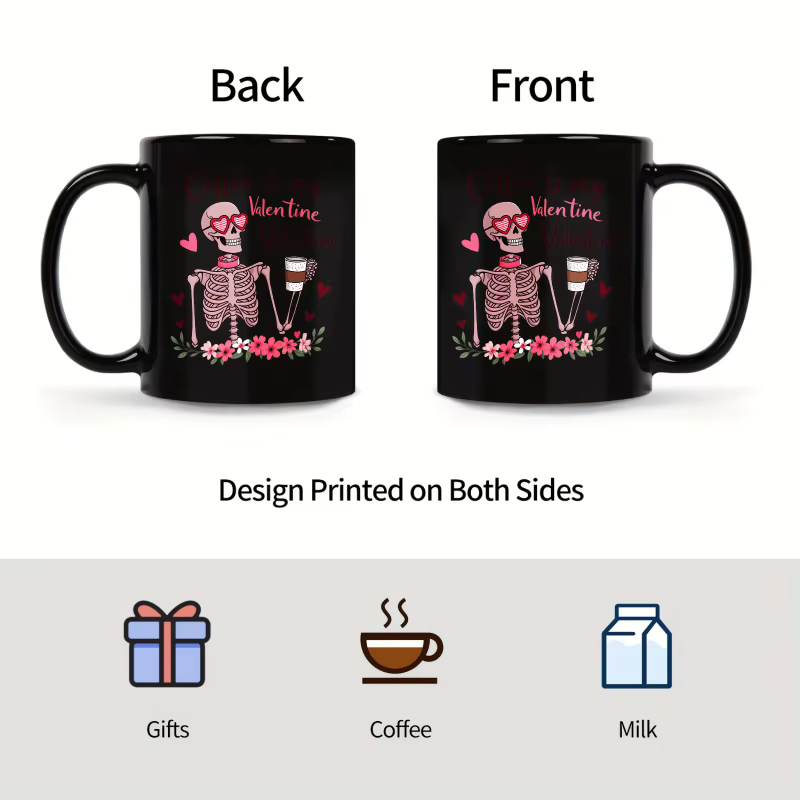 Le café est mon mug noir Saint-Valentin avec motif tête de mort et tasse