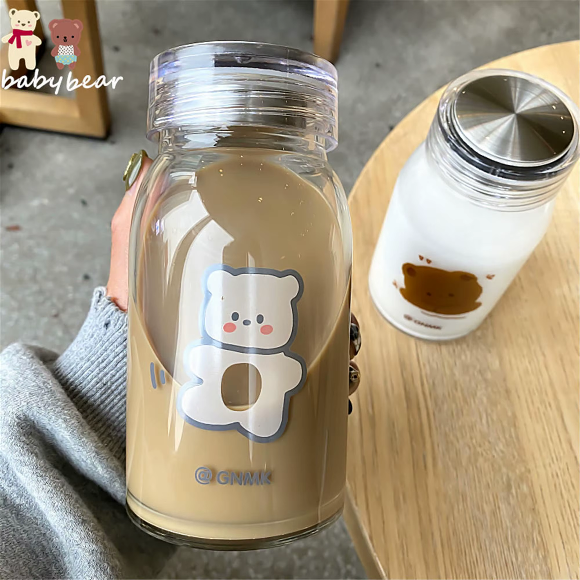 Bouteille d'eau en verre ours mignon avec couvercle