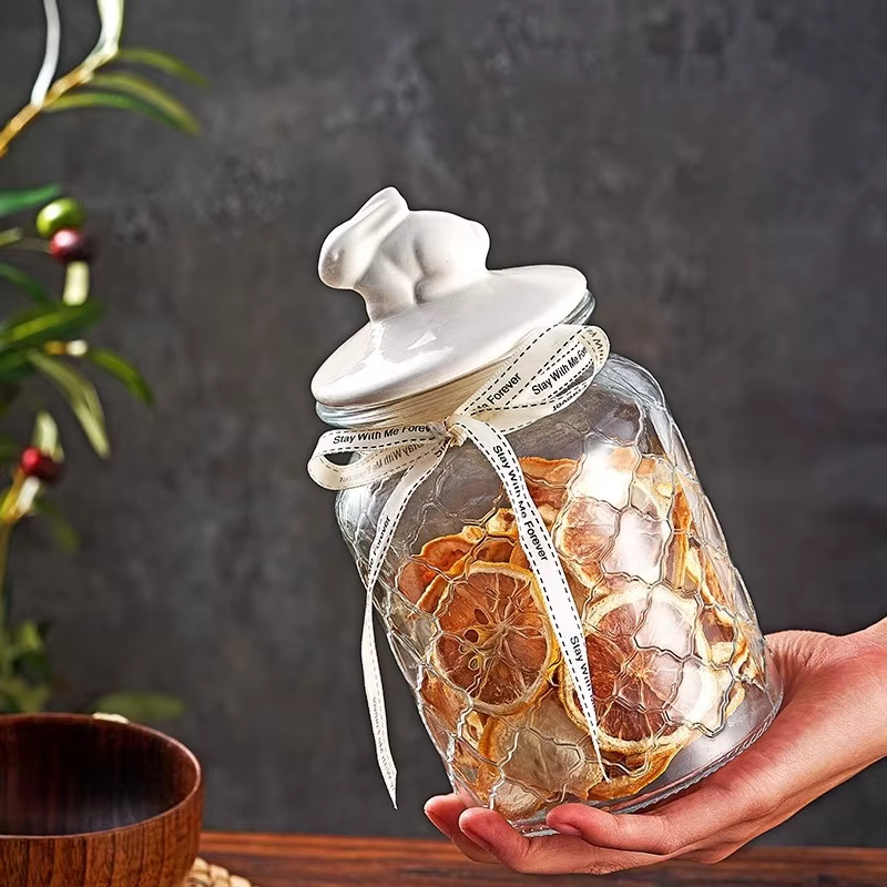 Pot scellé en verre transparent avec couvercle en céramique