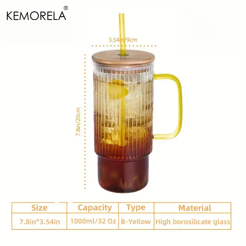 Gobelet en verre nervuré d'inspiration vintage de 900 ml avec couvercle et paille en bambou – Poignée multicolore pour
