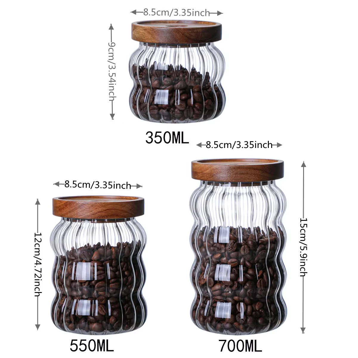Bouteilles de rangement en verre rayé avec couvercle en bois