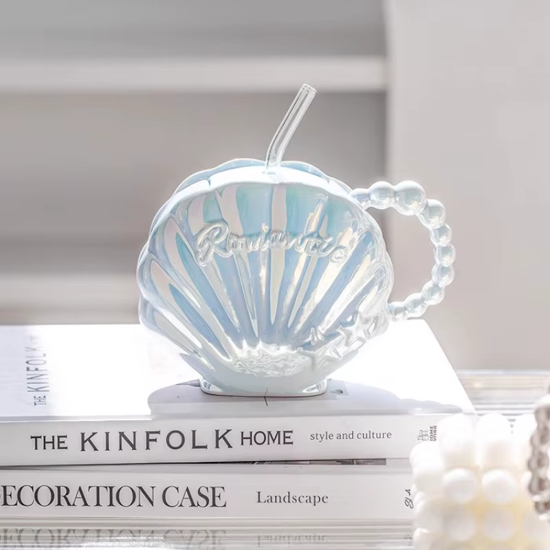 Tasse en céramique de coquille de perle haut de gamme avec paille