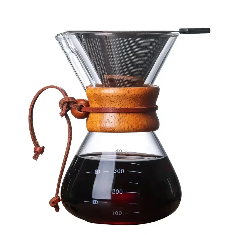 Bouilloire à café en verre à main avec filtre en acier inoxydable