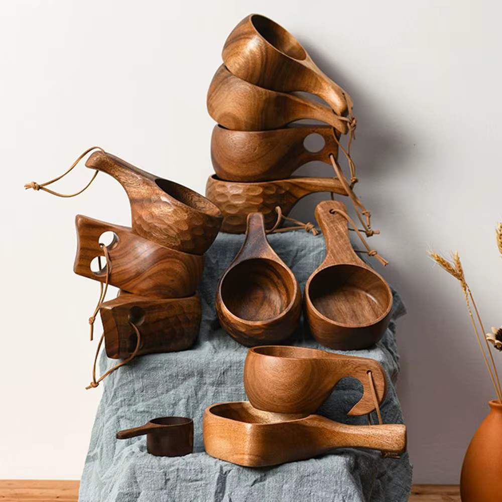 Kuksa-Tasse à café portable avec poignée en bois et caoutchouc