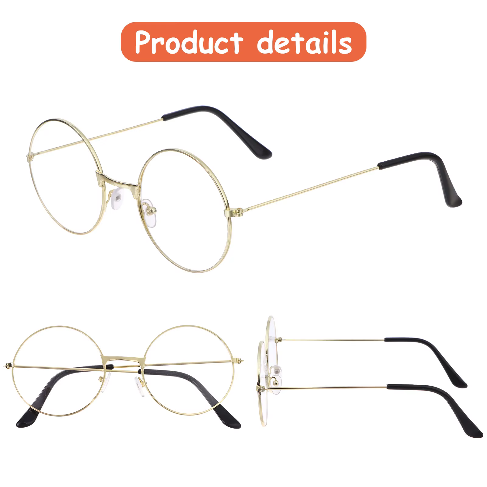 Lunettes de costume de vieil homme, verres ronds dorés, verres transparents pour père Noël