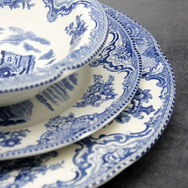 Queset de châteaux de Grande-Bretagne bleus, style européen, QueWare, assiette de petit déjeuner en céramique, plats de boeuf, plat à dessert, bol à soupe
