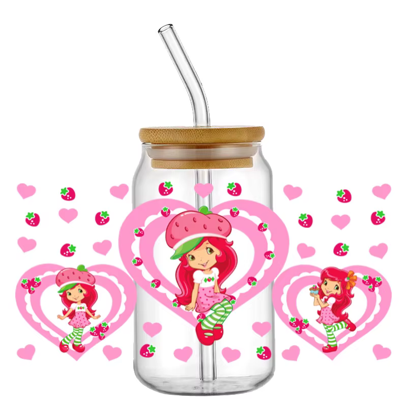 Mignon baies fraise UV DTF tasse enveloppement 16oz Libbey verre bière bricolage fraise fille cadeau pour ses autocollants de transfert à la mode