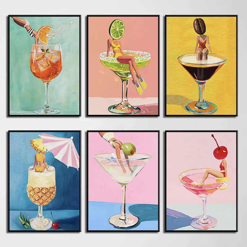 Café Martini Cocktail Margarita boisson fille sautant dans le verre à vin affiche amusante impression sur toile mur Art Bar Club cuisine décor