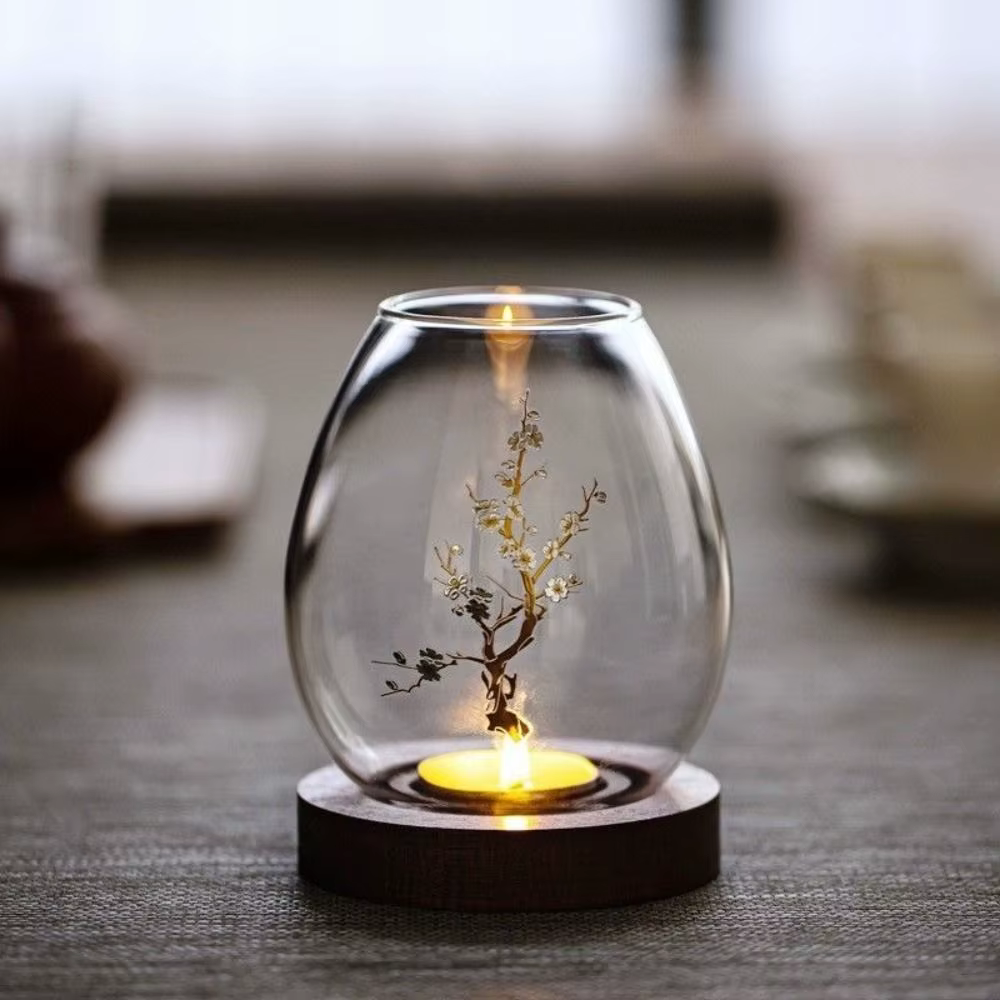 Bougeoirs en verre avec couvercle de tasse rond avec Base en bois