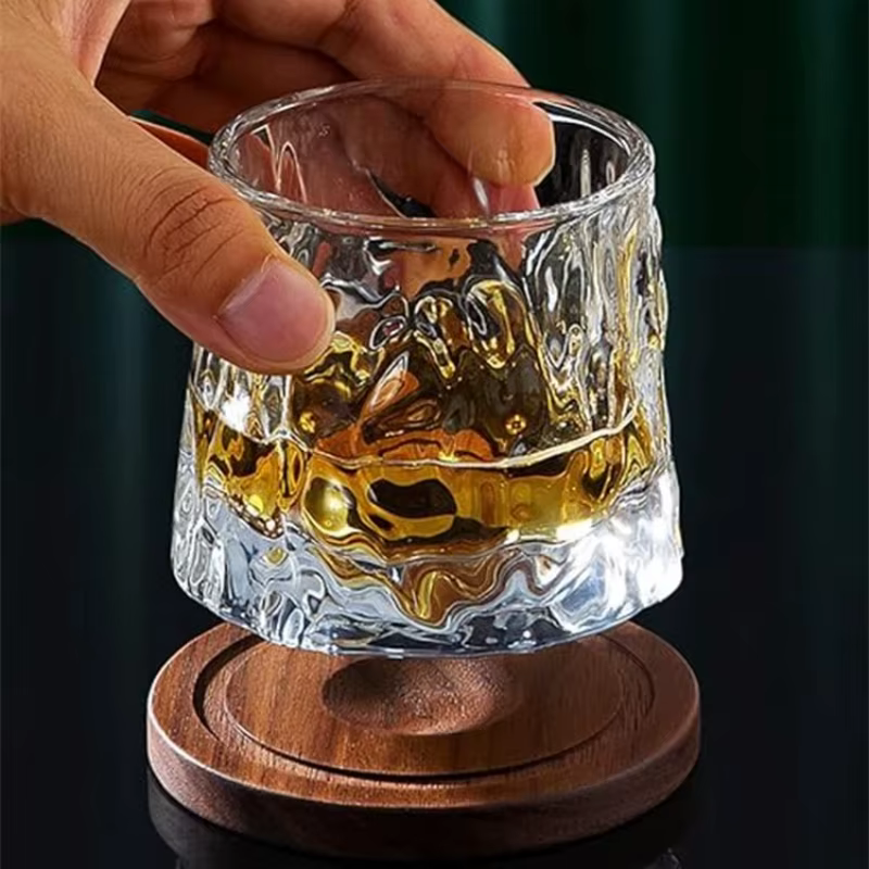 Verre à whisky rotatif avec Base en bois