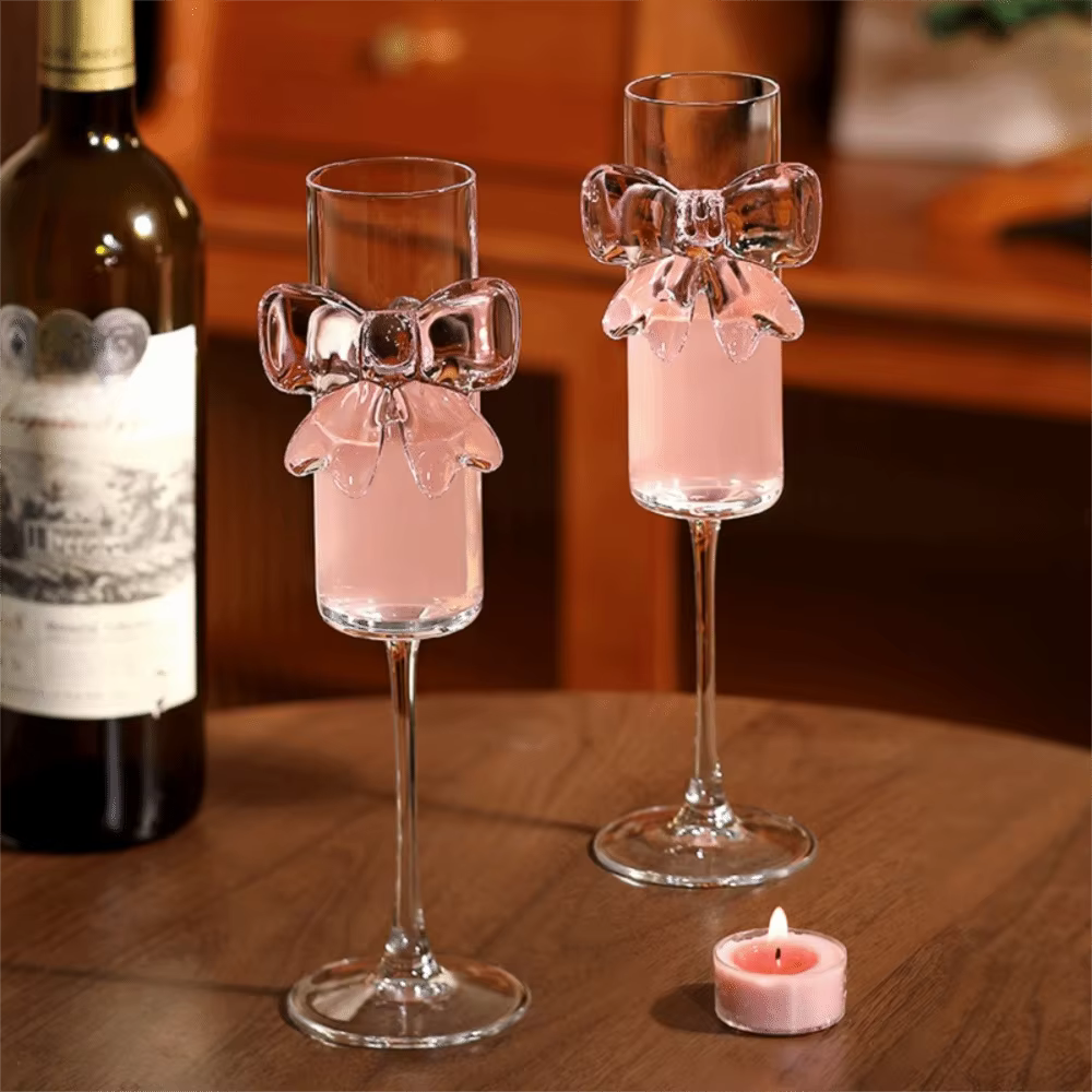 Verre à Champagne avec nœud rose clair