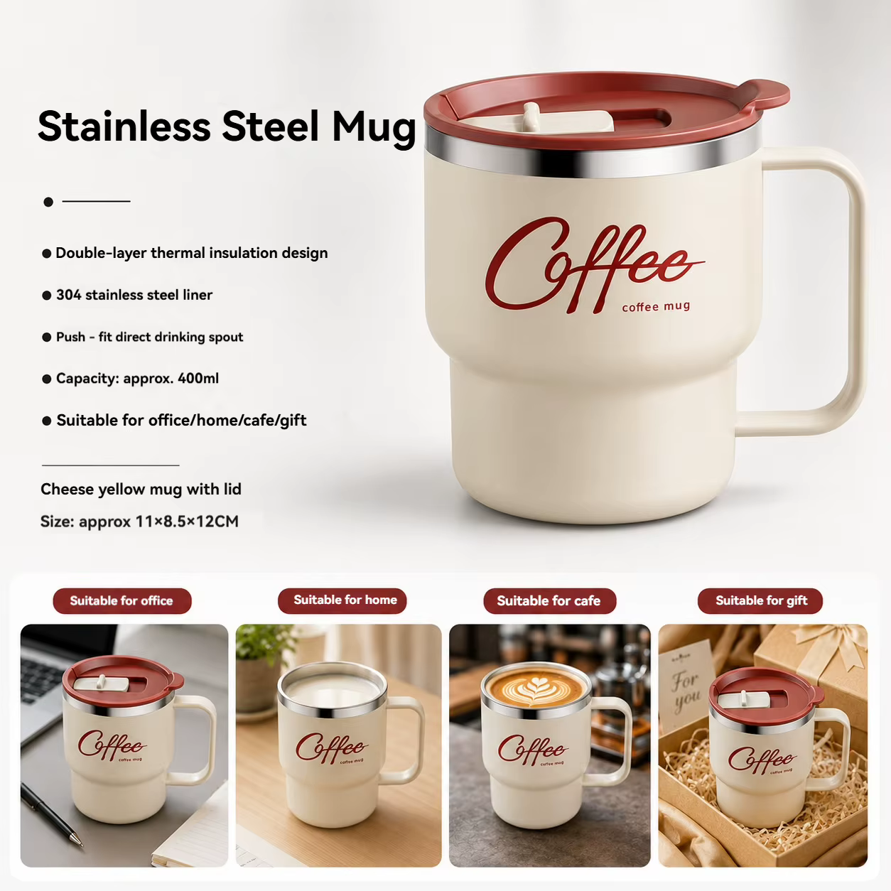 Mug à café en acier inoxydable de 400 ml avec poignée