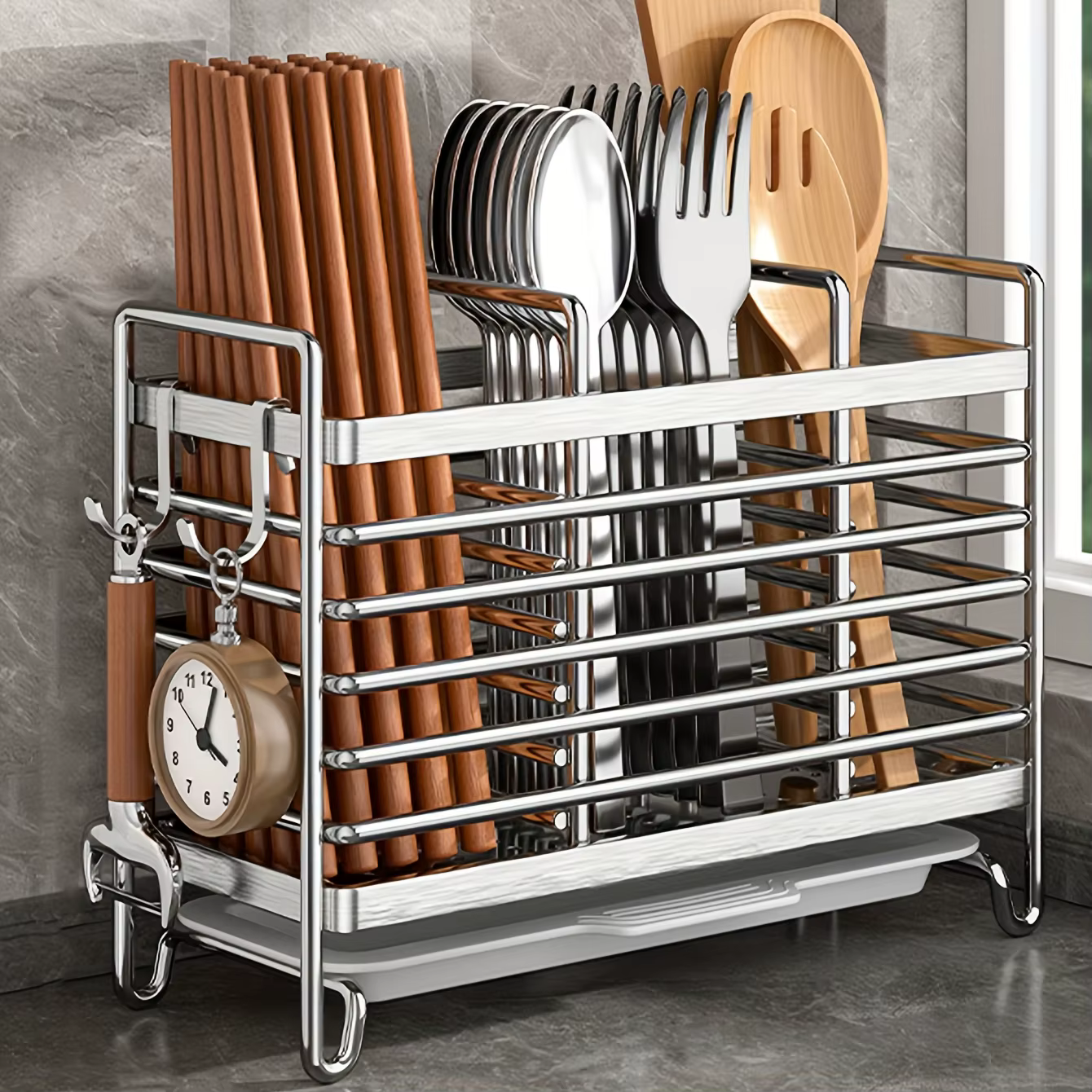 Porte-ustensiles mural sans perçage. Organisateur peu encombrant en acier inoxydable pour couverts de cuisine