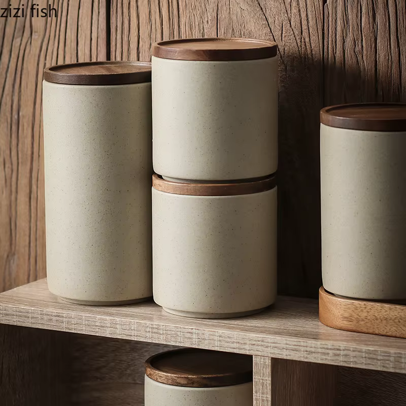 Bocaux de Rangement Rétro en Céramique avec Couvercle en Bois