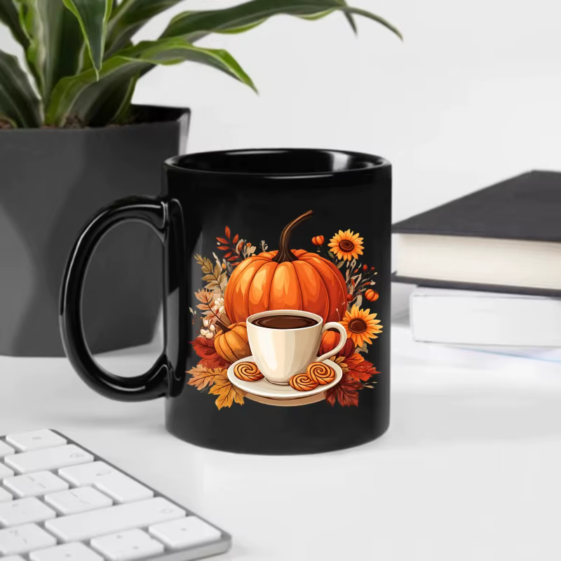 Tasse à café en céramique avec motif de citrouille noire et de fleurs d'automne