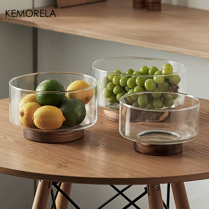Bol à fruits en verre créatif grand bol à salade Base en bois collations pop-corn noix bols de rangement maison noël Snack conteneur de stockage