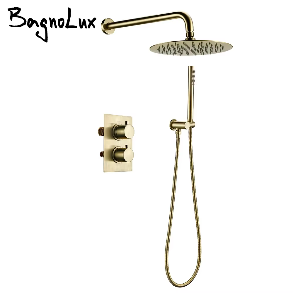 Ensemble de mélangeur thermostatique en laiton massif, inverseur de salle de bain en or brossé, pomme de douche Rianfall, robinet combiné de luxe, bras mural