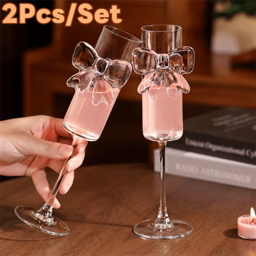 Verre à Champagne avec nœud rose clair