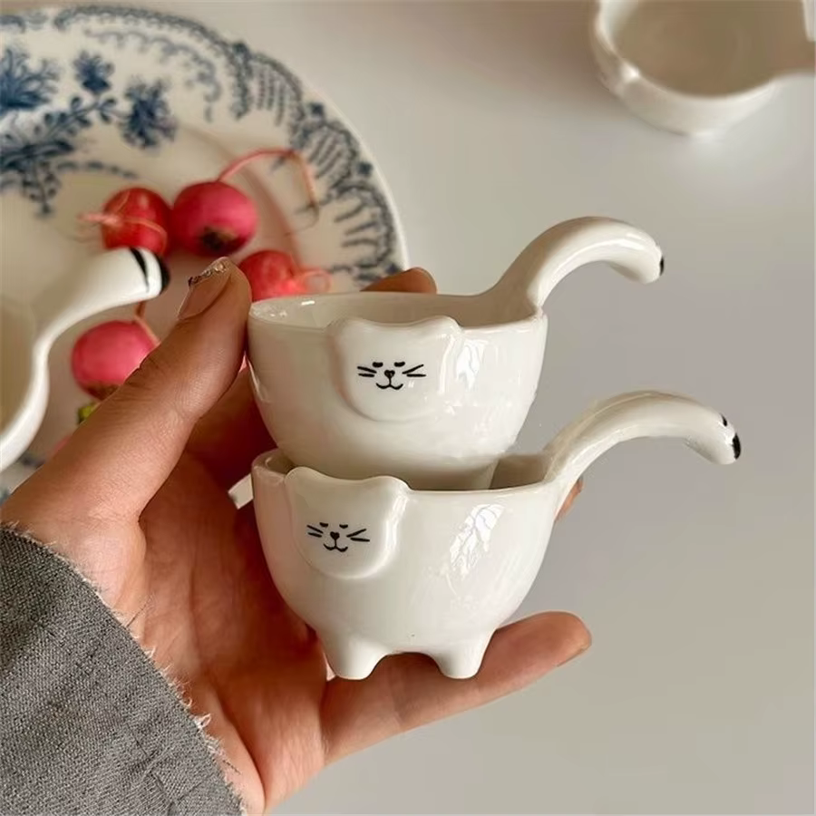 Petite tasse à café et à lait en forme de chat, petit bol à saccharine en céramique avec poignée, petite assiette à ingrédients mignons, 20ml, 0.7oz