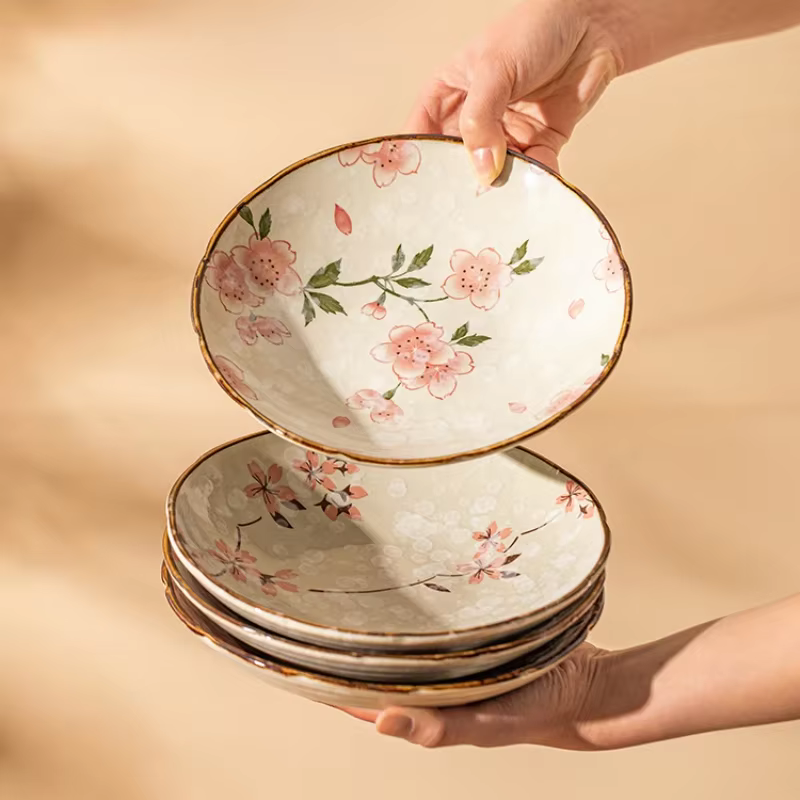 Assiette à Dessert en céramique de fleur de cerisier japonaise, accessoires de cuisine à domicile, ensemble de couverts, assiette créative et mignonne, assiette à Sushi