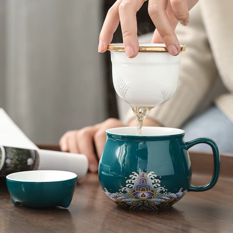 Tasse de bureau en céramique Lucky Cat avec filtre à thé et couvercle