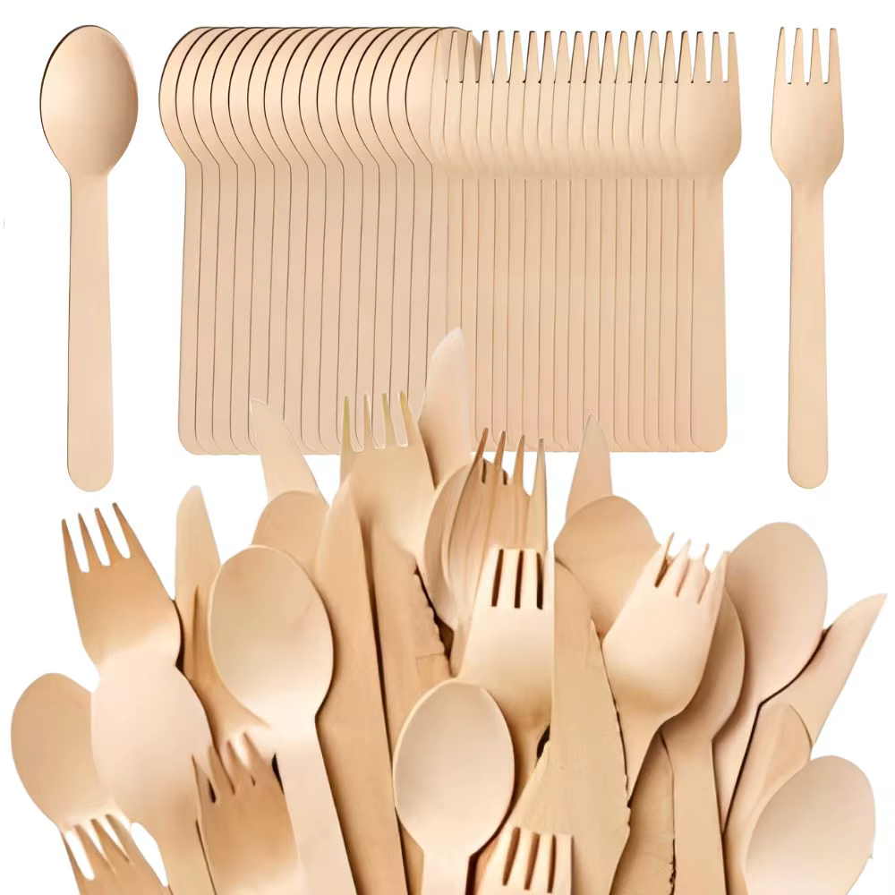 100 fourchettes/cuillères en bois jetables