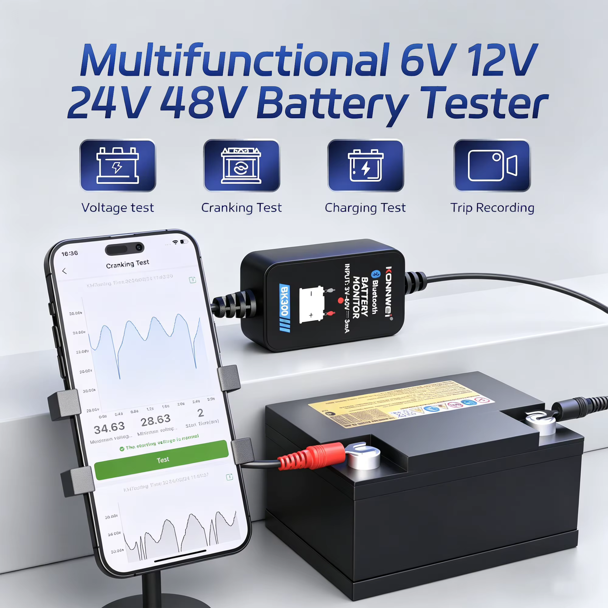 KONNWEI BK300 12V testeur de batterie sans fil Bluetooth 5.2 moniteur de batterie affichage LED SOH SOC analyseur de batterie outils de test automatique