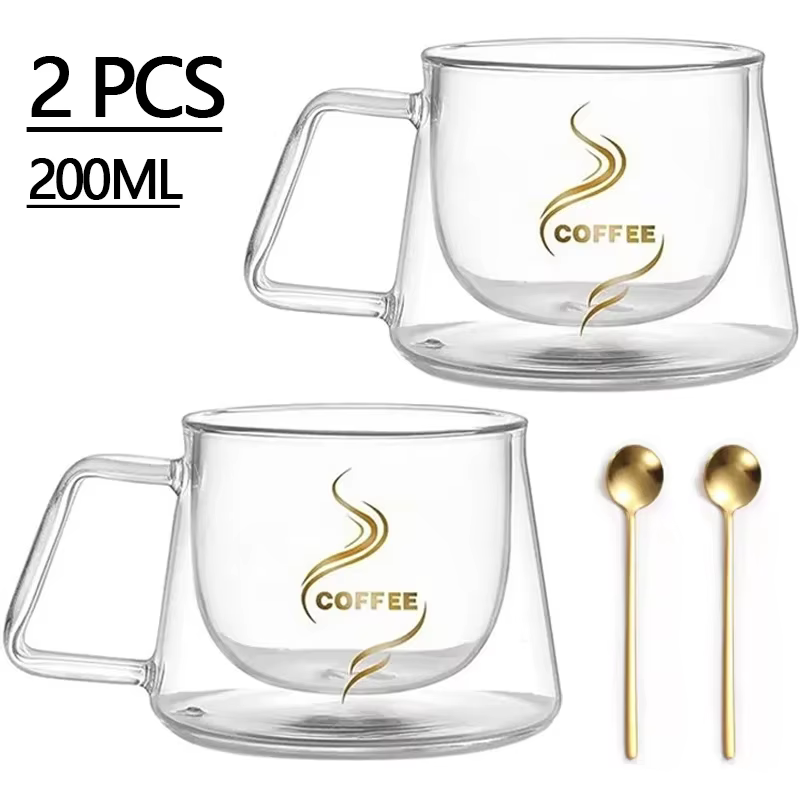 Tasse à café transparente à double paroi avec poignée, verre, lavable au lave-vaisselle, degré de chaleur, utilisation à domicile et au bureau, ensemble de 2 pièces