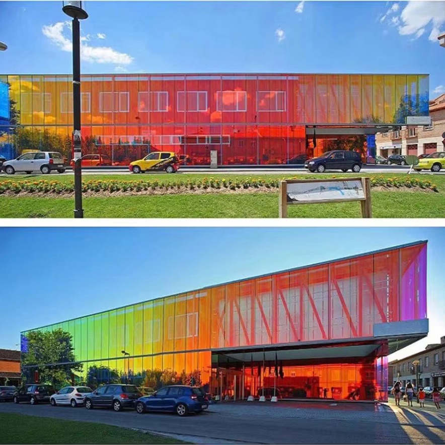 Teinte de fenêtre en verre de bâtiment dichroïque caméléon, Film décoratif coloré découpé UV pour centre commercial et bureau, vitrail auto-adhésif