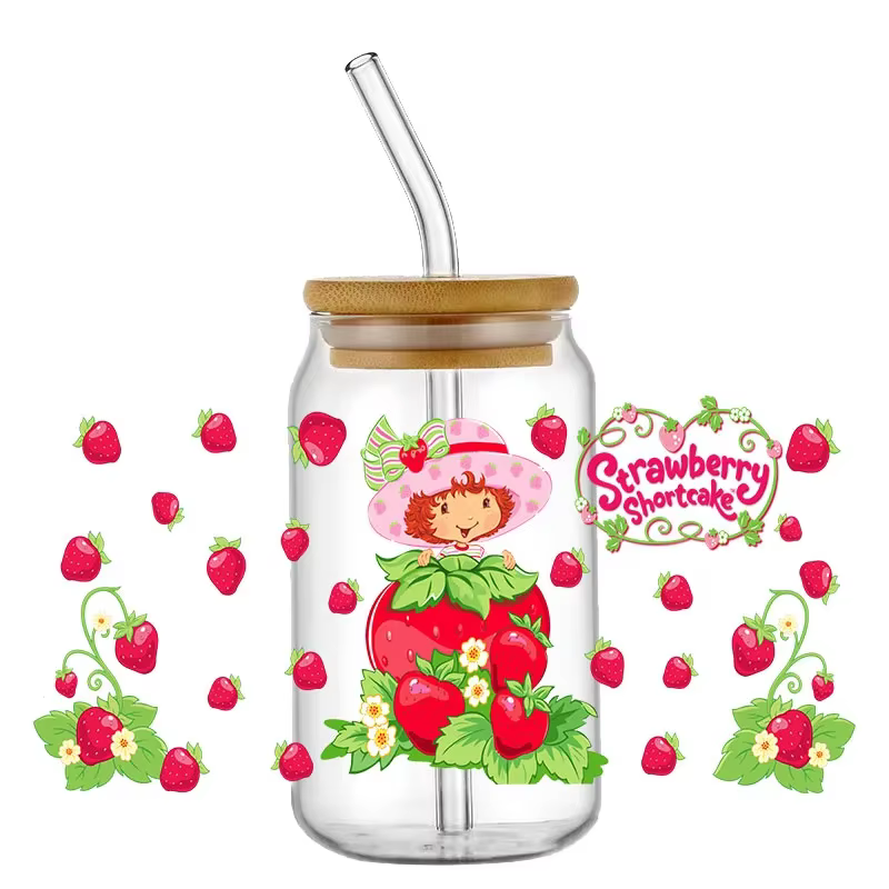 Mignon baies fraise UV DTF tasse enveloppement 16oz Libbey verre bière bricolage fraise fille cadeau pour ses autocollants de transfert à la mode
