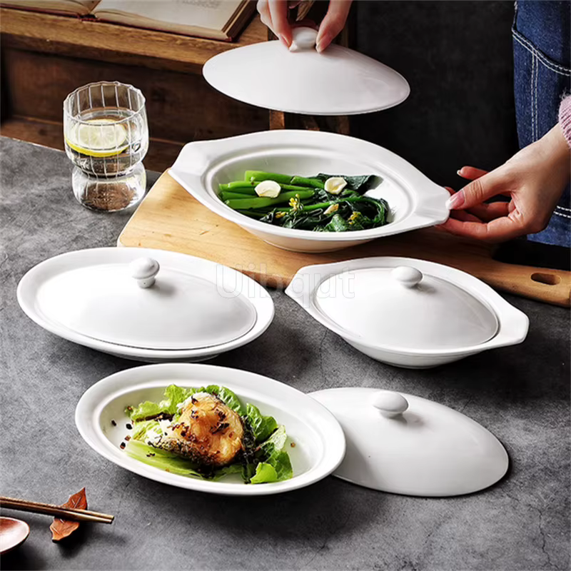 Vaisselle elliptique ovale en céramique assiette blanche plat avec couvercle tasse à légumes hôtel créatif restaurant fromage cuit riz bol profond