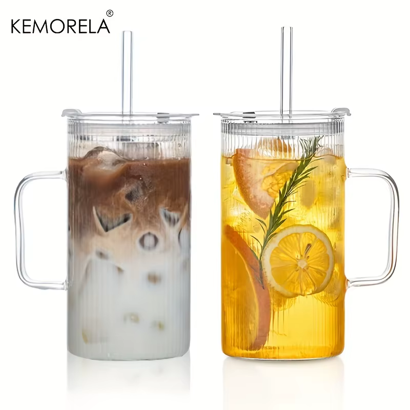 KEMORELA Grand gobelet en verre nervuré de 740 ml avec poignée et couvercle