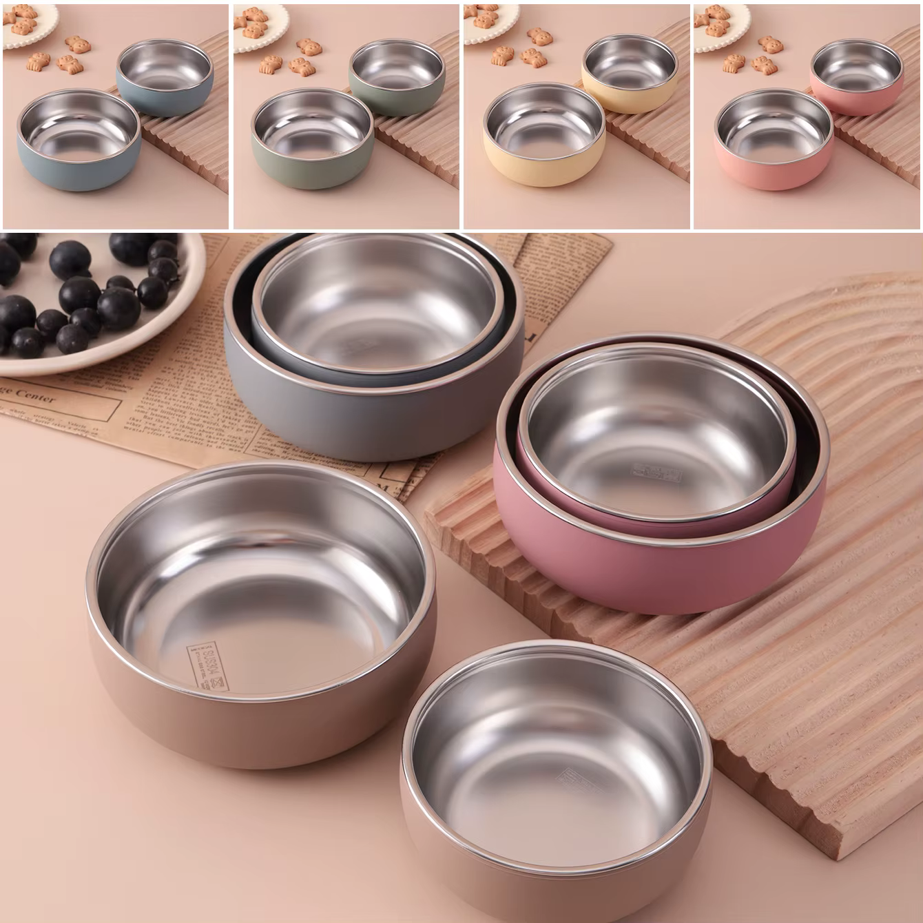 Couleur enfants 2 pièces bol en acier inoxydable ensemble de vaisselle pour l'alimentation du bébé détachable Silicone