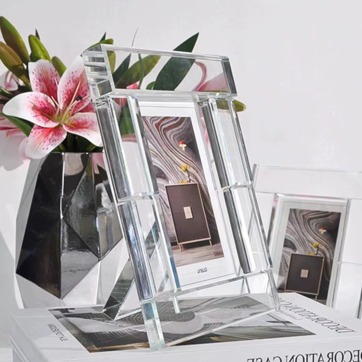 Cadre photo en cristal transparent, cube en verre, support de rangement pour photos, décorations de bureau, ornements décoratifs pour la maison
