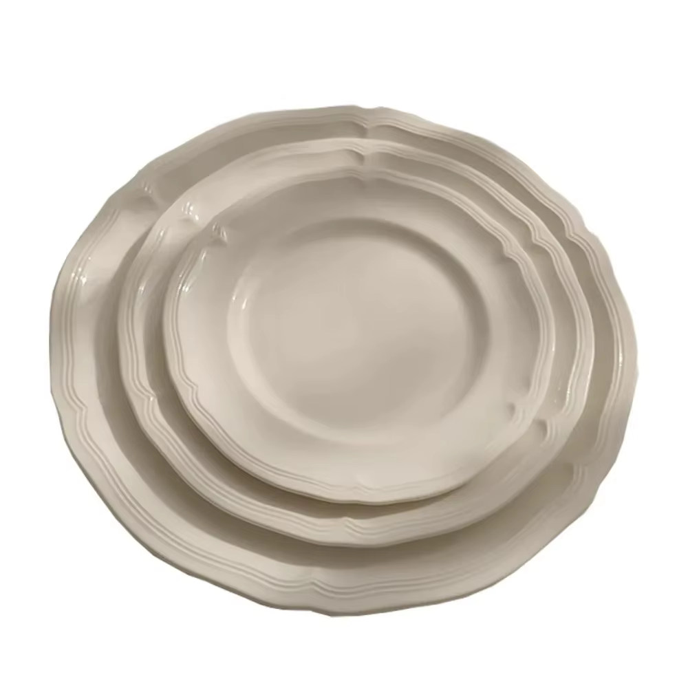 Livetai – assiette en céramique gaufrée blanche de Style rétro français avec garniture en dentelle