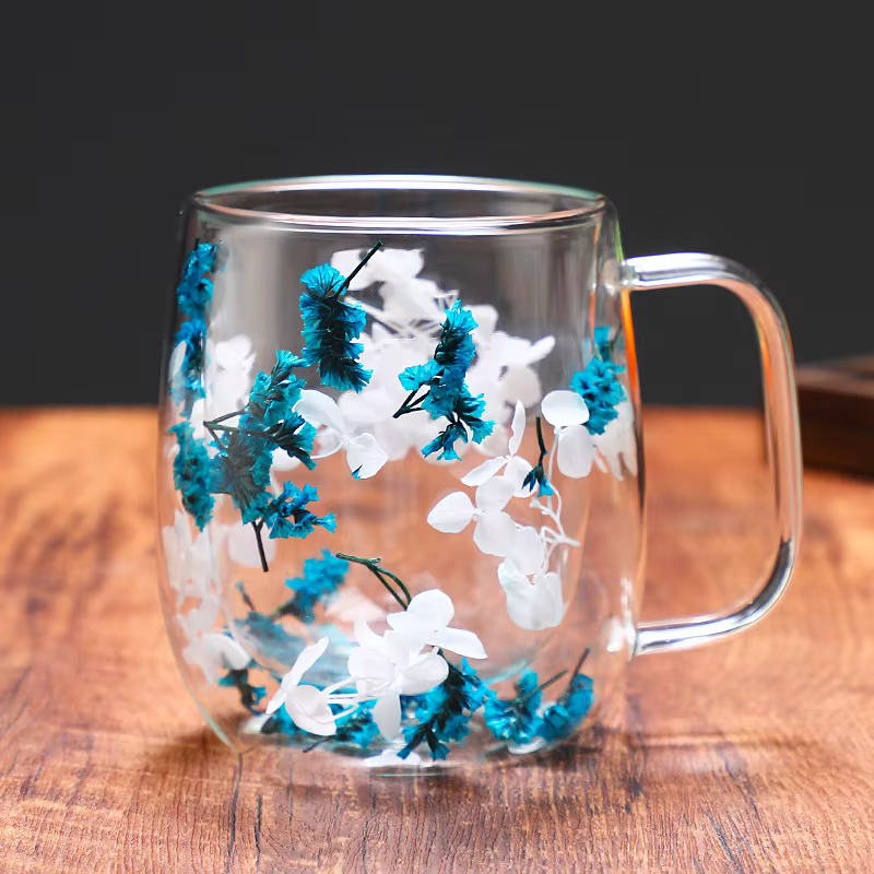 Tasse à café en verre à fleurs séchées, 390ml, Double paroi, verres à boissons, tasse à thé, pour jus de lait, cadeaux d'anniversaire