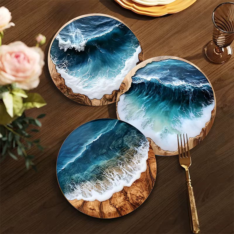 Ensemble de 4/6 sous-verres et sets de table ronds en bois bleu océan