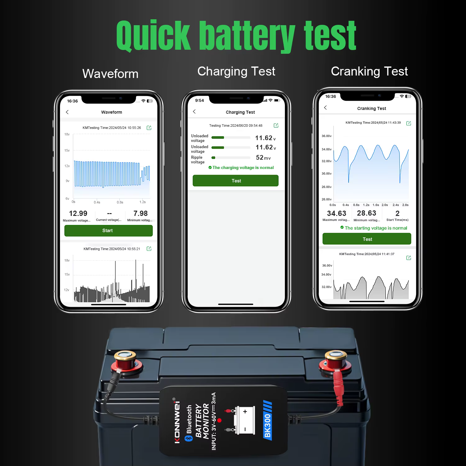 KONNWEI BK300 12V 24V moniteur de batterie sans fil Bluetooth testeur outil LED affichage batterie charge démarrage Test APP surveillance