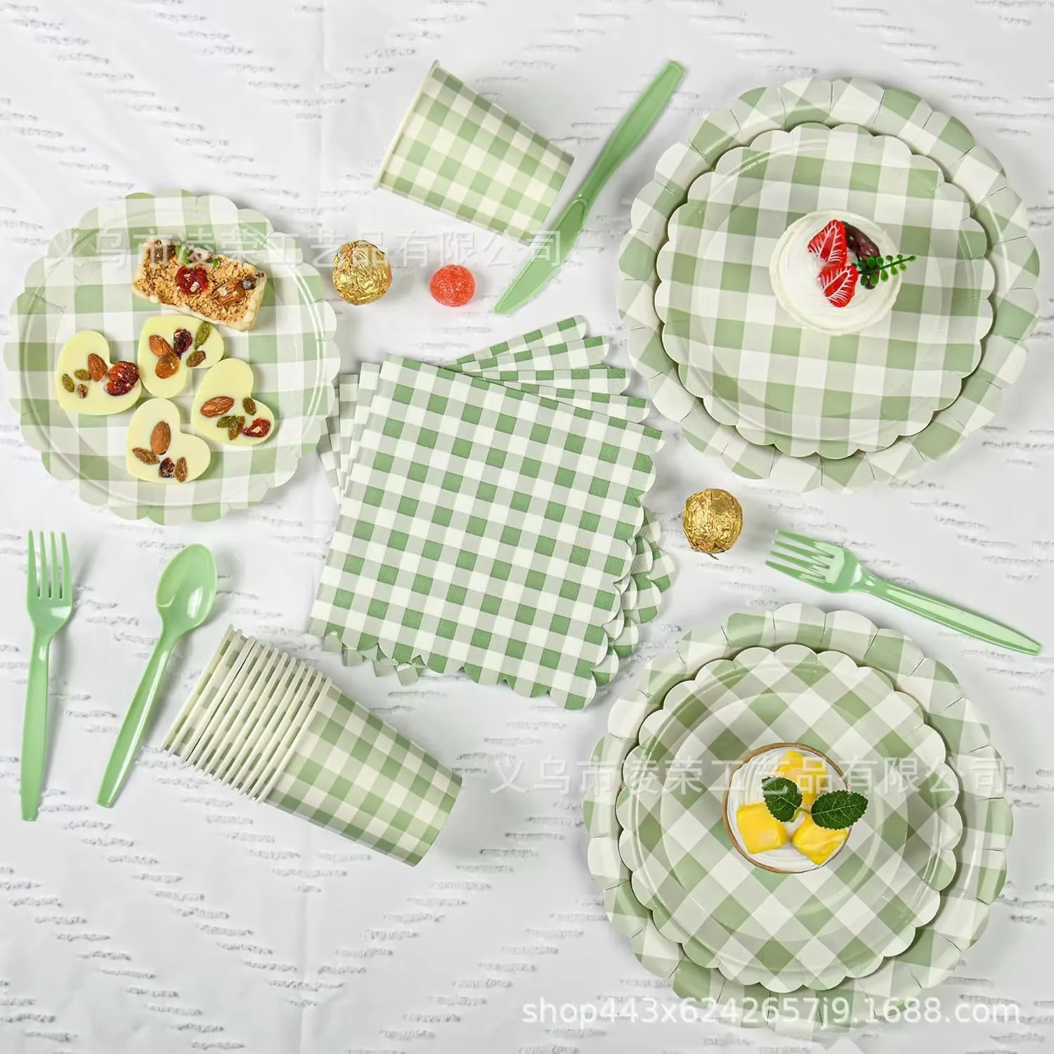 Vaisselle jetable en dentelle à motif quadrillé vert frais pour enfants et adultes