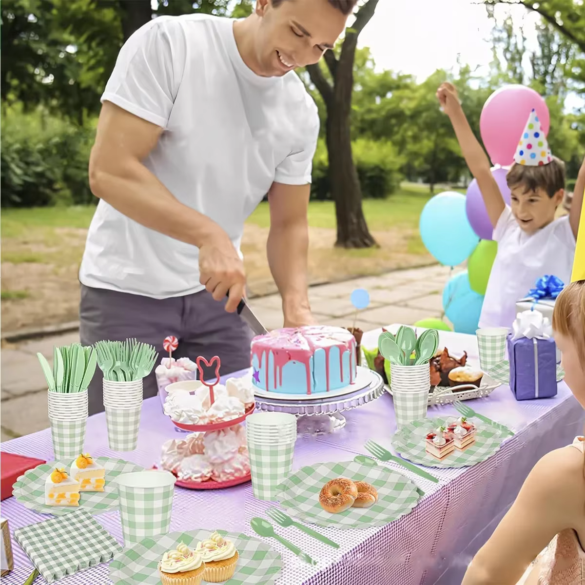 Vaisselle jetable en dentelle à motif quadrillé vert frais pour enfants et adultes