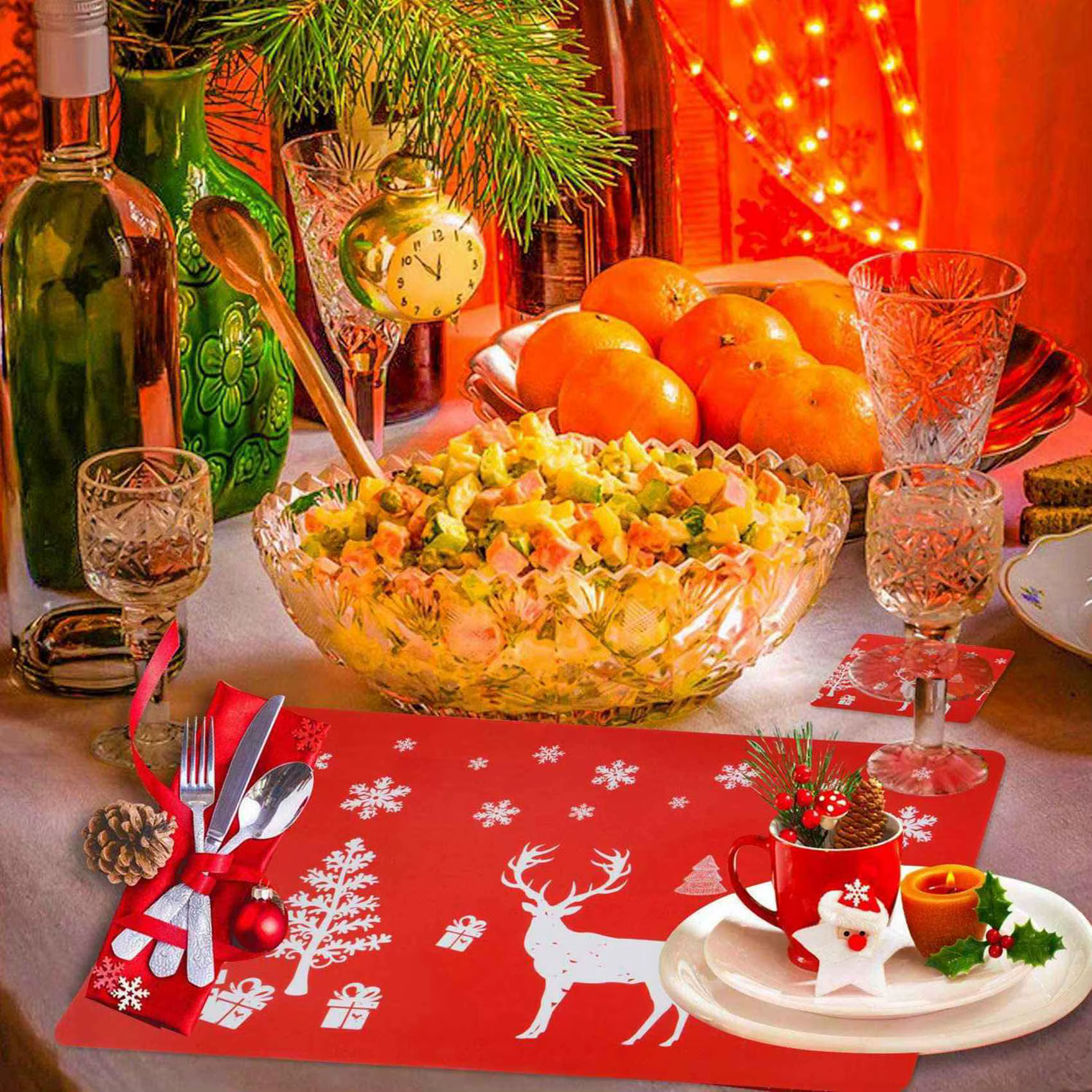 Toile de noël lavable, ensembles de 12 napperons et 12 tasses
