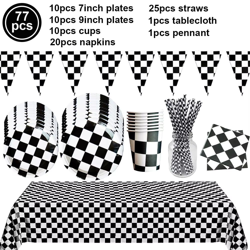 Vaisselle à carreaux noir et blanc pour la décoration de table sur le thème des sports de course, assiettes à dessert, serviettes pour voiture de course, anniversaire