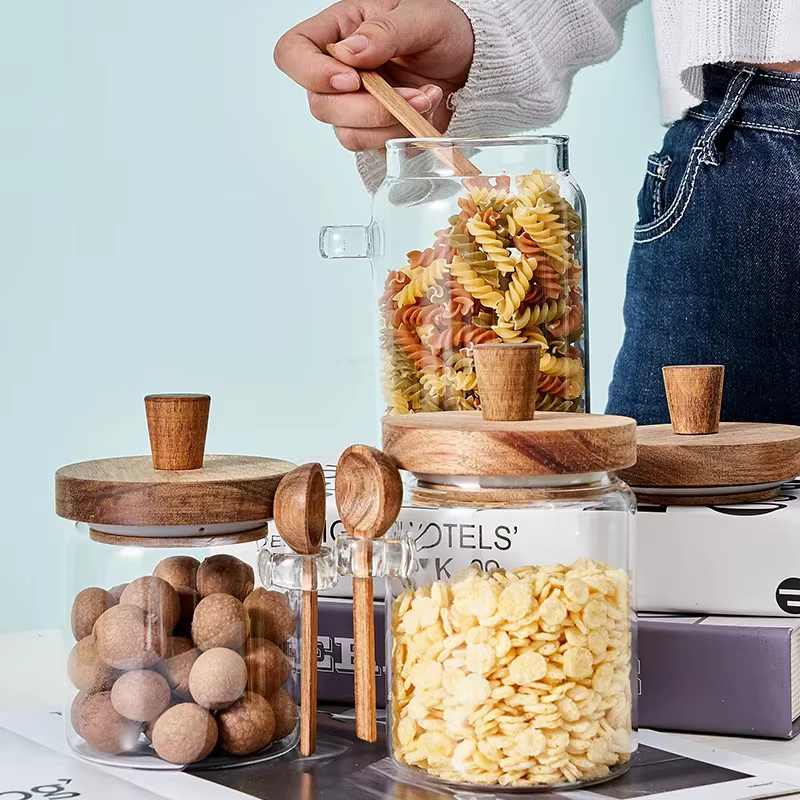 Pot scellé en verre, boîte de stockage de café et de thé à cinq grains avec cuillère en bois